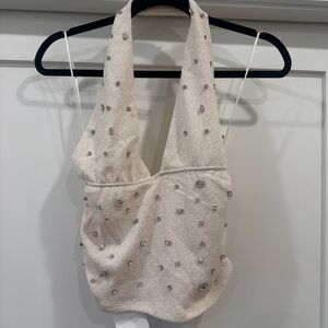 Zara Cream Beaded Halter Tank Top